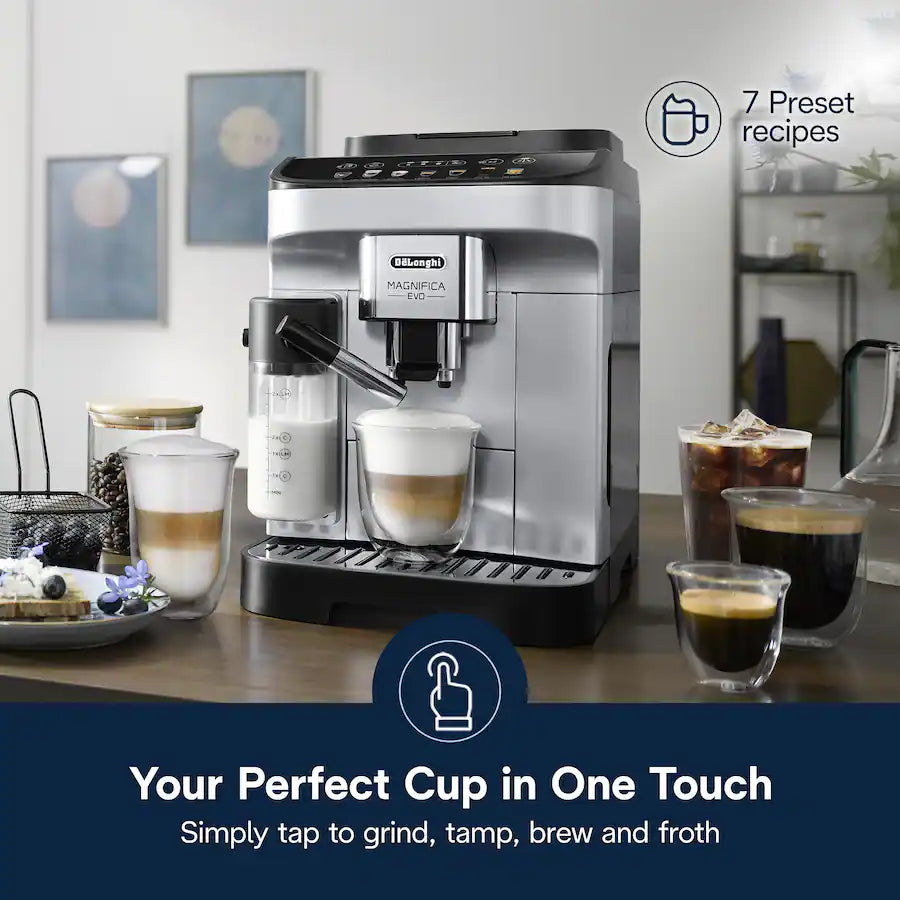De'Longhi Magnifica Evo Espresso Machine with Automatic Milk Frother for Hot and Iced Lattes, Coffee and More - Silver
