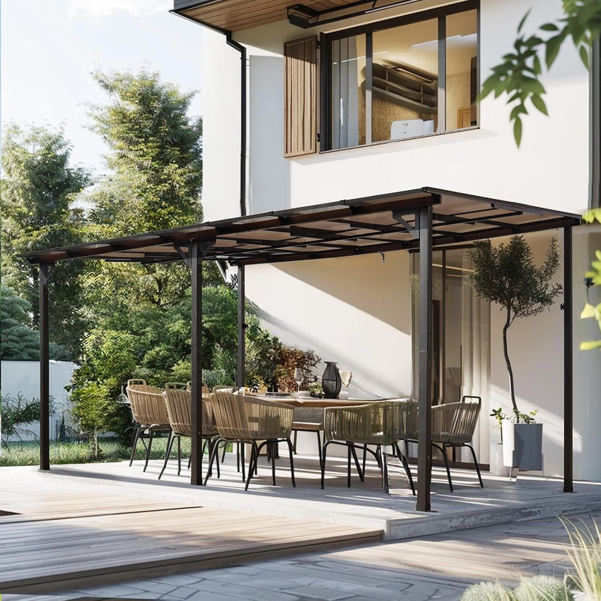 10 x 14 ft. Wall-Mounted Lean-To Gazebo with Polycarbonate Roof, Grey