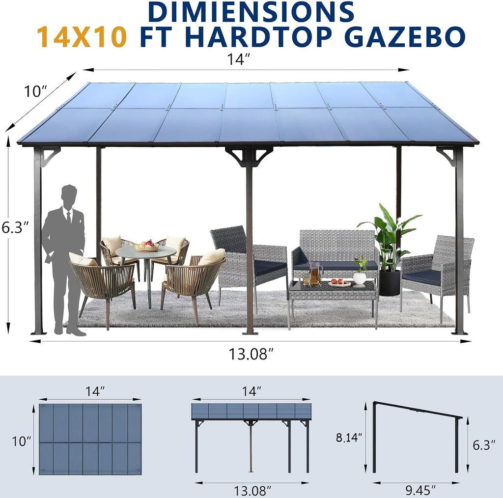 10 x 14 ft. Wall-Mounted Lean-To Gazebo with Polycarbonate Roof, Grey