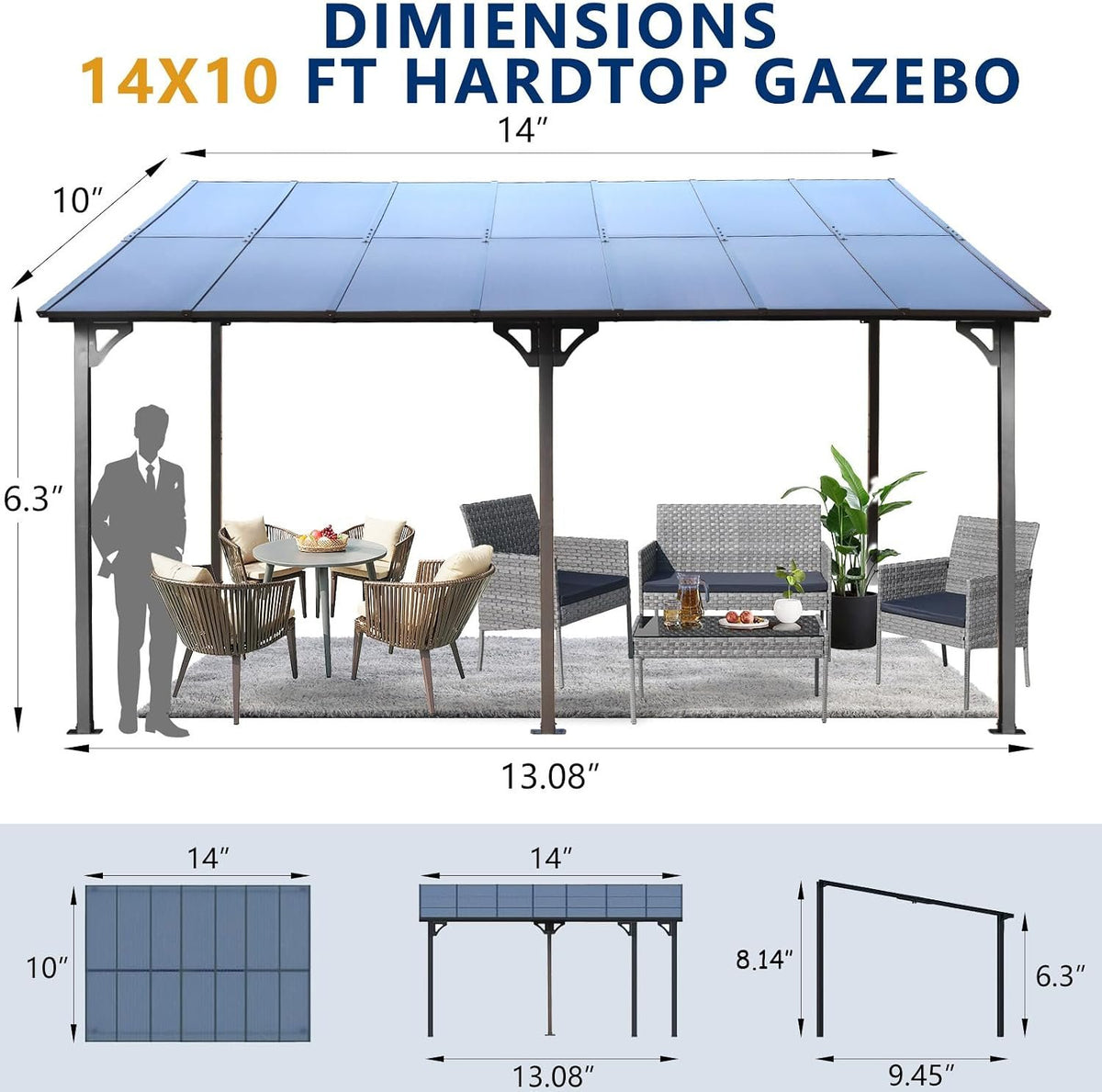 10 x 14 ft. Wall-Mounted Lean-To Gazebo with Polycarbonate Roof, Grey