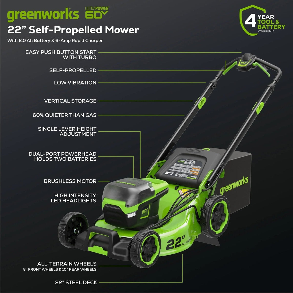 Greenworks Pro 60V 22-Inch Cordless Self-Propelled Push Lawn Mower