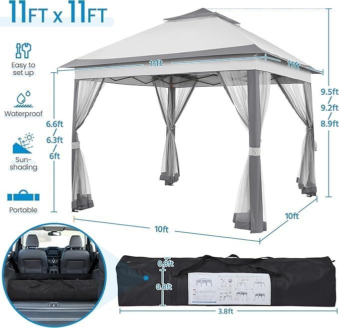 Yaheetech 11 x 11 ft. Pop-Up Gazebo with Mesh Sidewalls, 4 Sandbags and Double-Tier Roof (YTtp9t0002001)