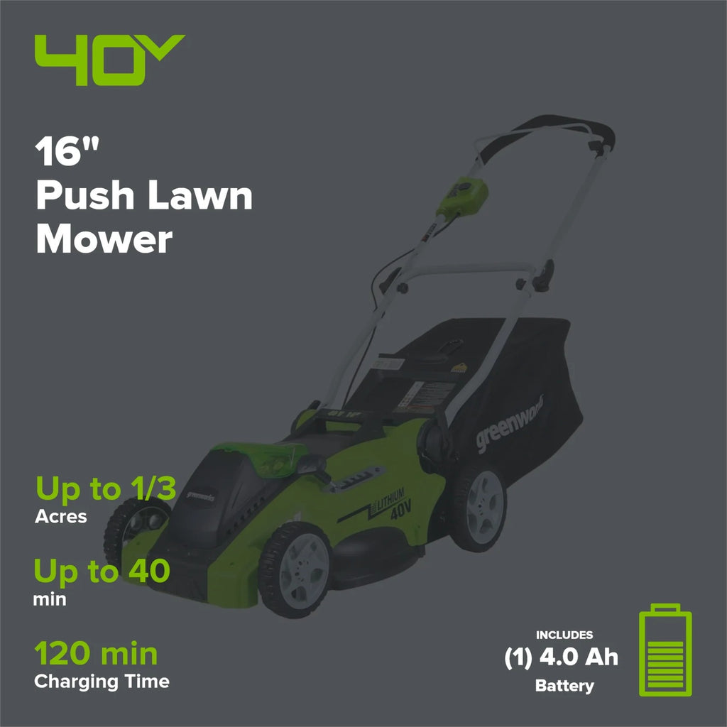 40V 16" Cordless Battery Push Lawn Mower w/ 4.0Ah Battery & Charger, LM1604