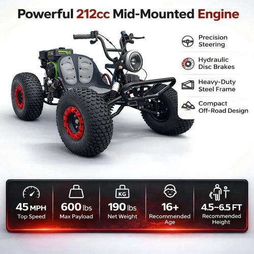 212cc 4 Stroke Off Road Go Kart With CVT Automatic Transmission Hydraulic Disc Brakes Electric Start And Pull Start Neutral Forward Reverse 8 Inch All Terrain Tires LED Headlight Black Beast