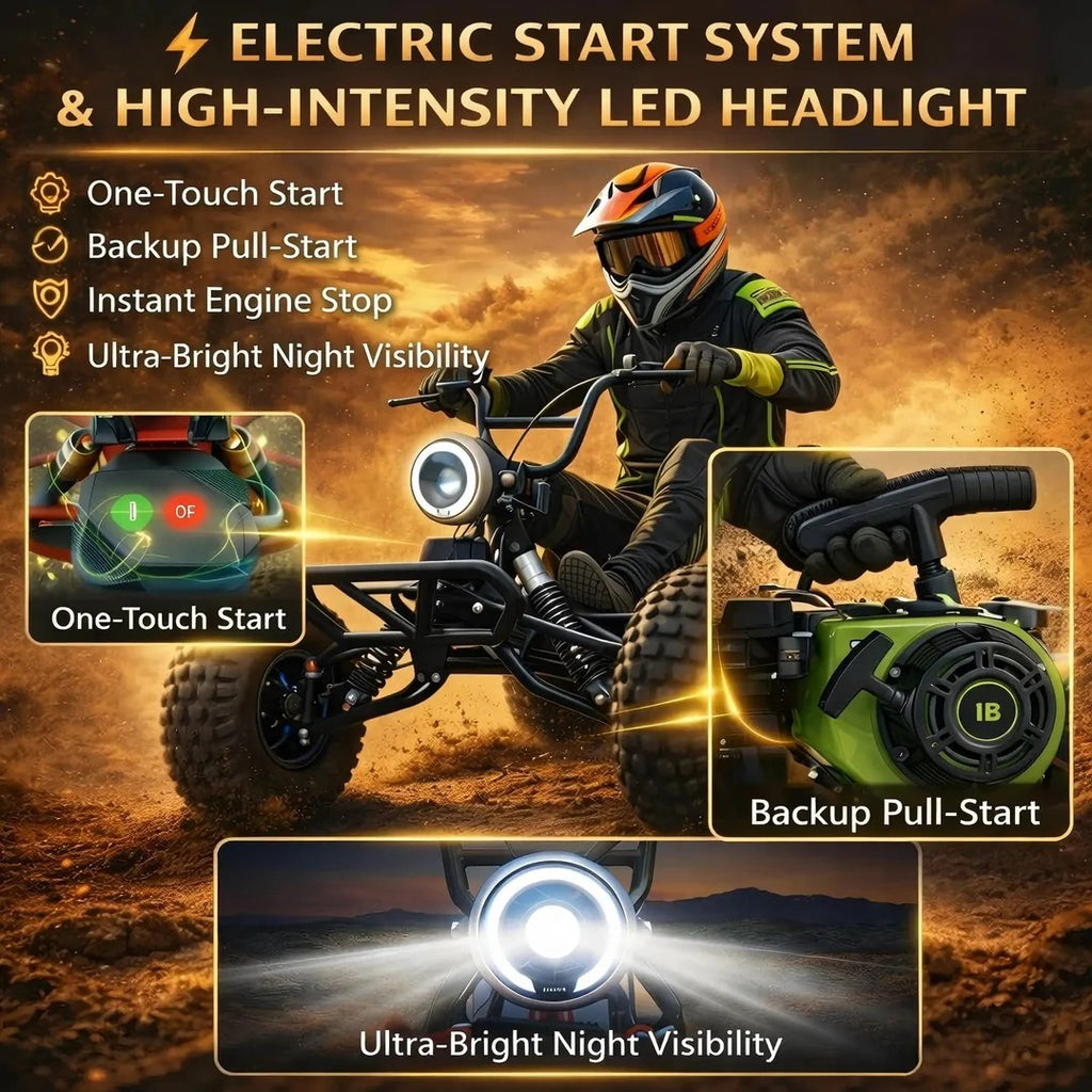 212cc 4 Stroke Off Road Go Kart With CVT Automatic Transmission Hydraulic Disc Brakes Electric Start And Pull Start Neutral Forward Reverse 8 Inch All Terrain Tires LED Headlight Black Beast