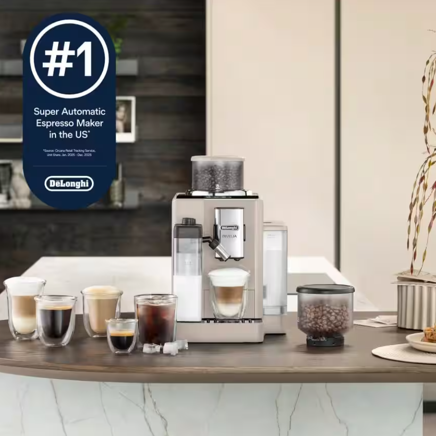 De'Longhi Rivelia Fully Automatic Espresso Machine, Sand Beige – 18 One-Touch Drinks, Built-In Grinder