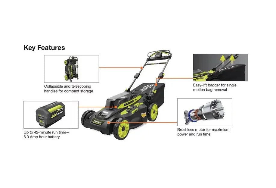 RYOBI 40V Brushless 20-Inch Self-Propelled Lawn Mower Kit with 6.0Ah Battery and Charger - RY401120-Y