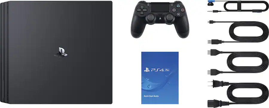 Sony PlayStation 4 Pro Console, DUALSHOCK 4 wireless controller, Headset, Premium HDMI cable, Power cable, USB cable, Owne
